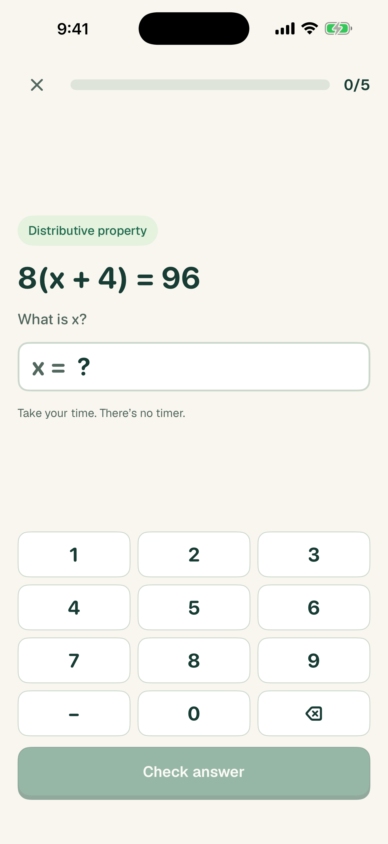 EarnTime Math practice with a question, answer field and number pad.
