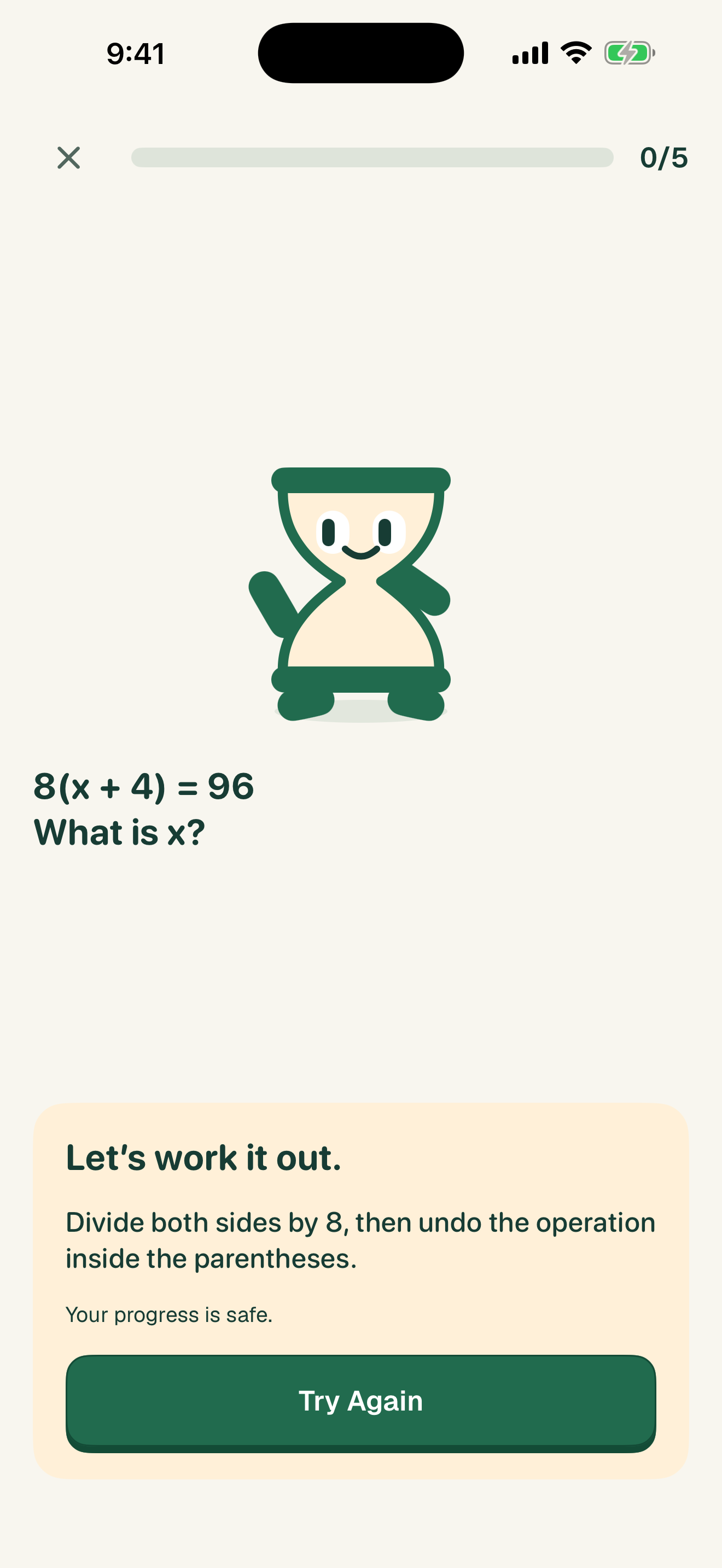 An incorrect answer with a hint and a Try Again button.