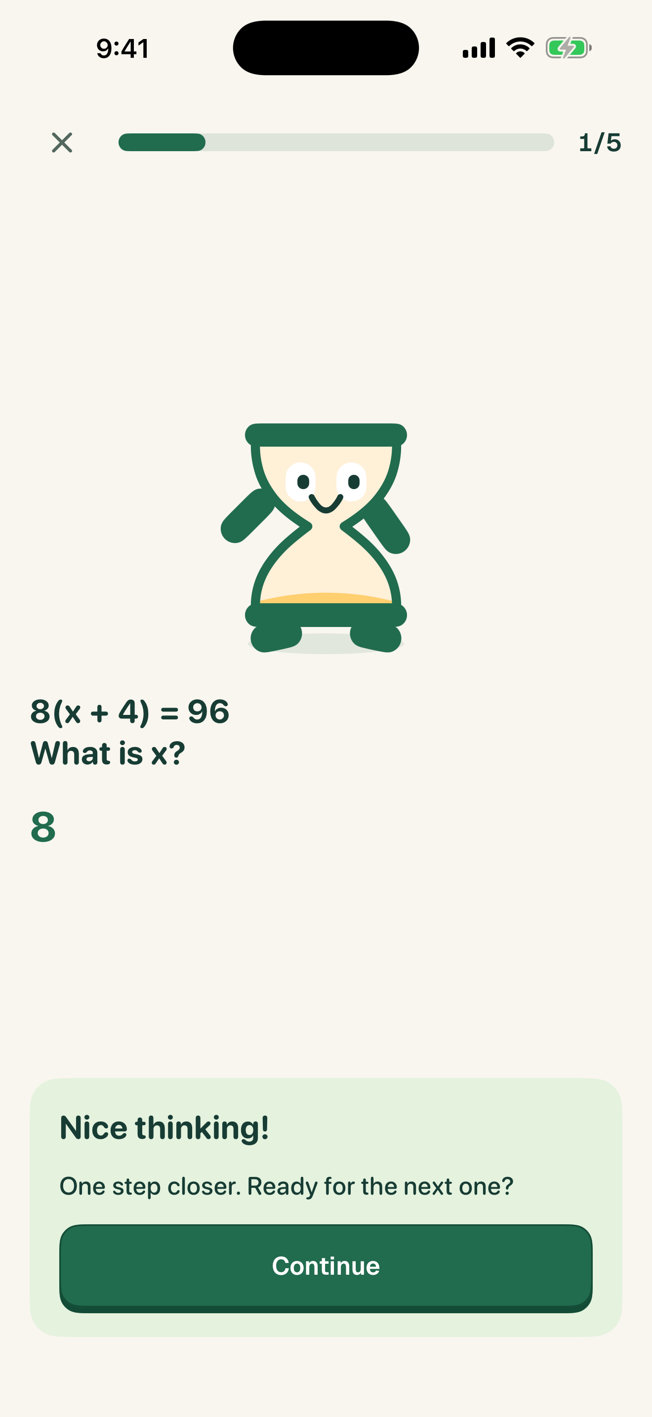 The original EarnTime hourglass and Nice thinking feedback after a correct answer.
